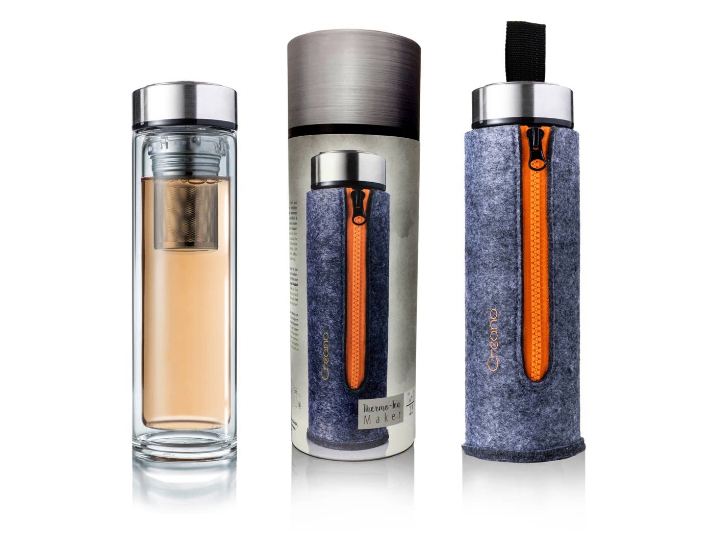 Creano Premium stiklinis termobutelis – elegantiškas 2in1 arbatai ir kavai su filtru butelis, 400 ml