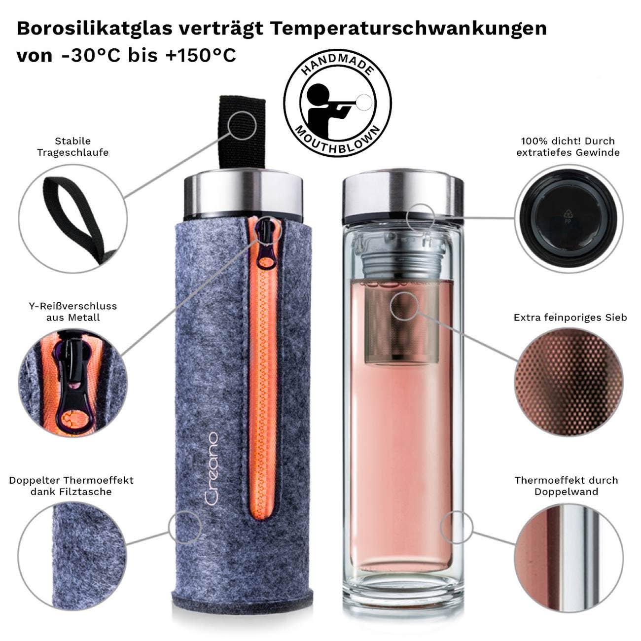 Creano Premium stiklinis termobutelis – elegantiškas 2in1 arbatai ir kavai su filtru butelis, 400 ml - Image 4