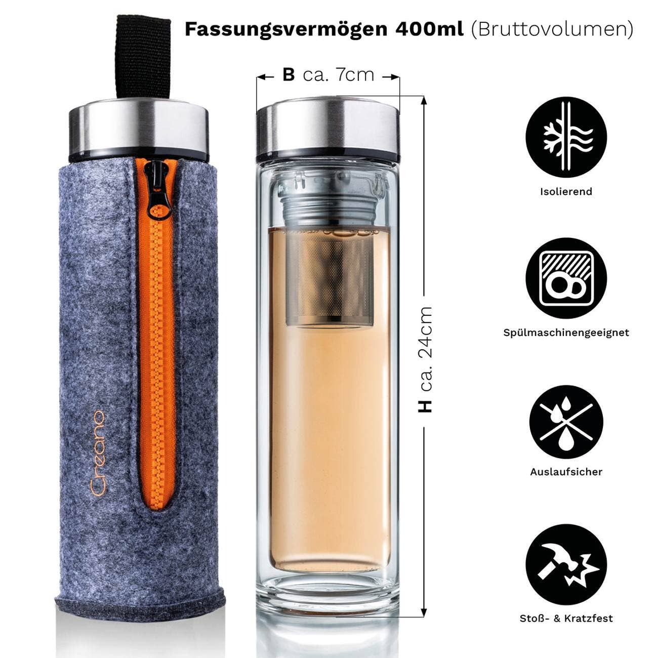 Creano Premium stiklinis termobutelis – elegantiškas 2in1 arbatai ir kavai su filtru butelis, 400 ml - Image 3