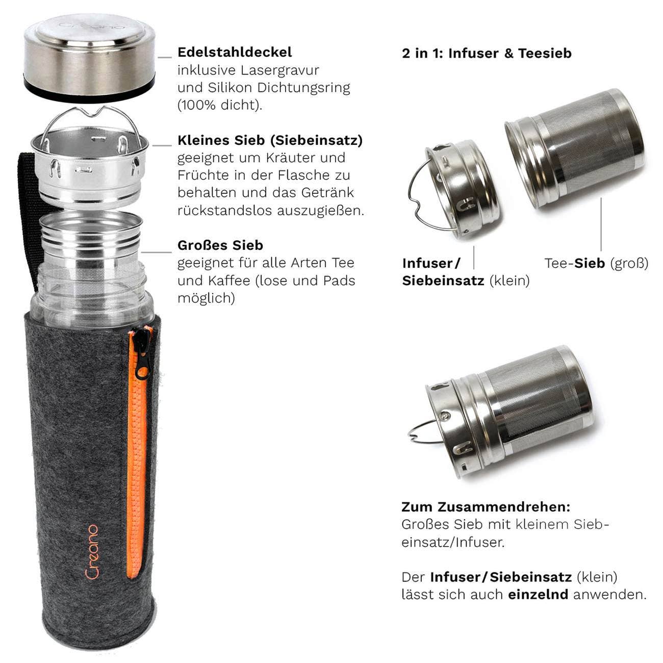 Creano Premium stiklinis termobutelis – elegantiškas 2in1 arbatai ir kavai su filtru butelis, 400 ml - Image 5